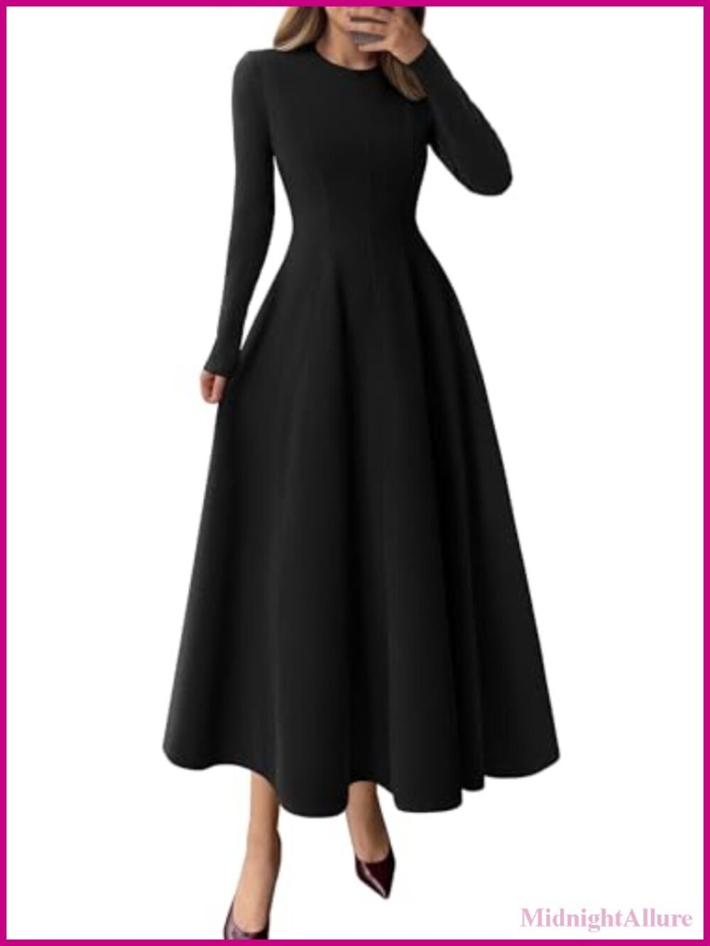 Long Sleeve A Line Midi Dress Fit Flare Cocktail Wedding Guest